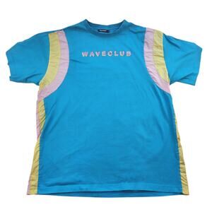 Pink Dolphin Wave Club Retro Graphic Tee Mens XL Blue Pink Yellow Surf Vaporwave